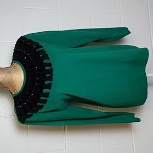 Vintage Regency By Joyce True Green Sweater Beading on Black Velvet Neckline